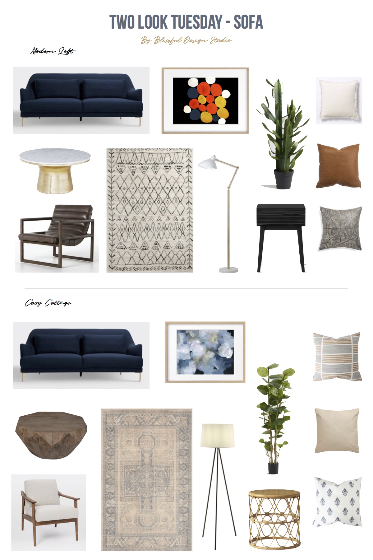 How to style a bold blue sofa 2 different ways - Modern Loft and Cozy Cottage.
