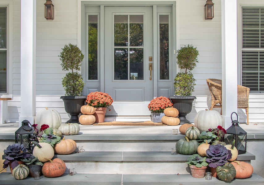 fall decor, front porch decor, welcome mat, greenery, plants
